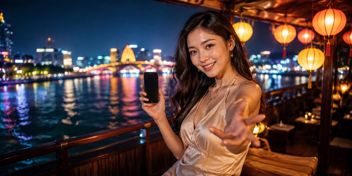 Phố đèn lồng Đà Nẵng về đêm phản chiếu ánh sáng lung linh, hình ảnh liên tưởng đến casino mobile thời hiện đại