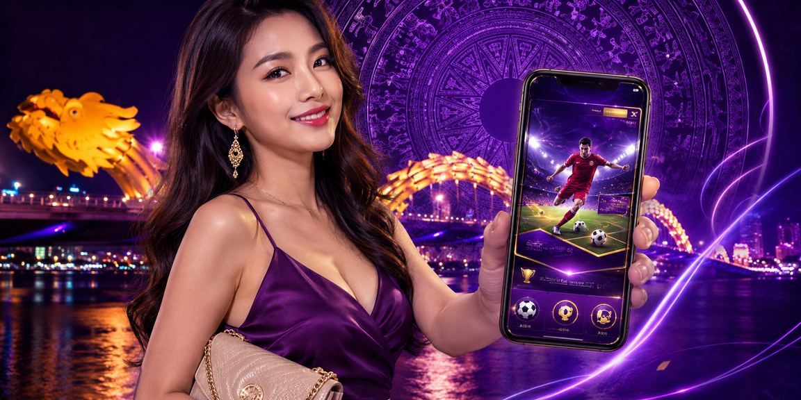 Cảnh ban đêm tại Đà Nẵng với ánh đèn neon phản chiếu trên phố, người dùng theo dõi kèo thể thao trực tuyến