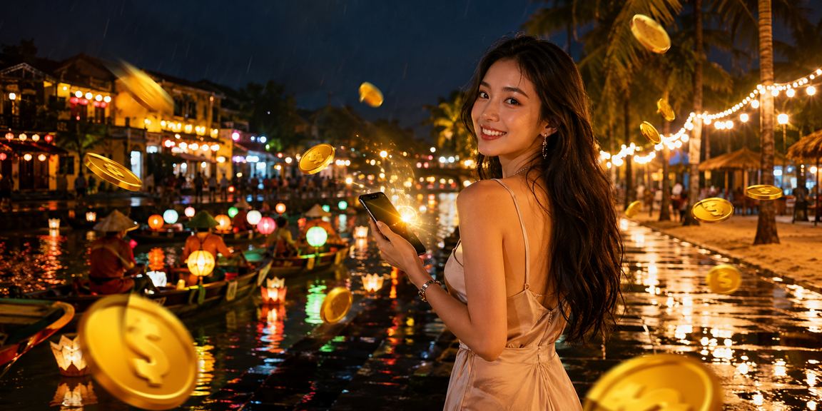 Người chơi tìm hiểu điều khoản trên thiết bị di động tại Hội An