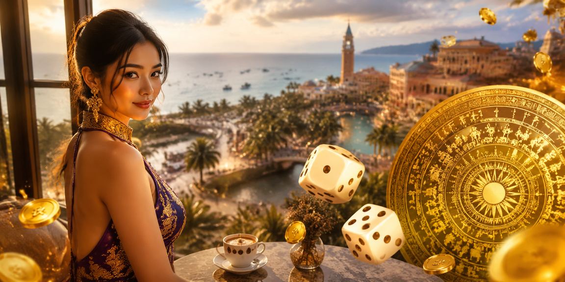 Không gian cà phê tại Phú Quốc với xúc xắc tài xỉu trên bàn, gợi lên phong cách chơi game nhẹ nhàng buổi sáng